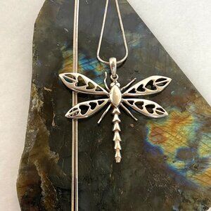 Sterling Silver 925 Mexico Large 2" Dragonfly Pendent Necklace 20" Snake Chain